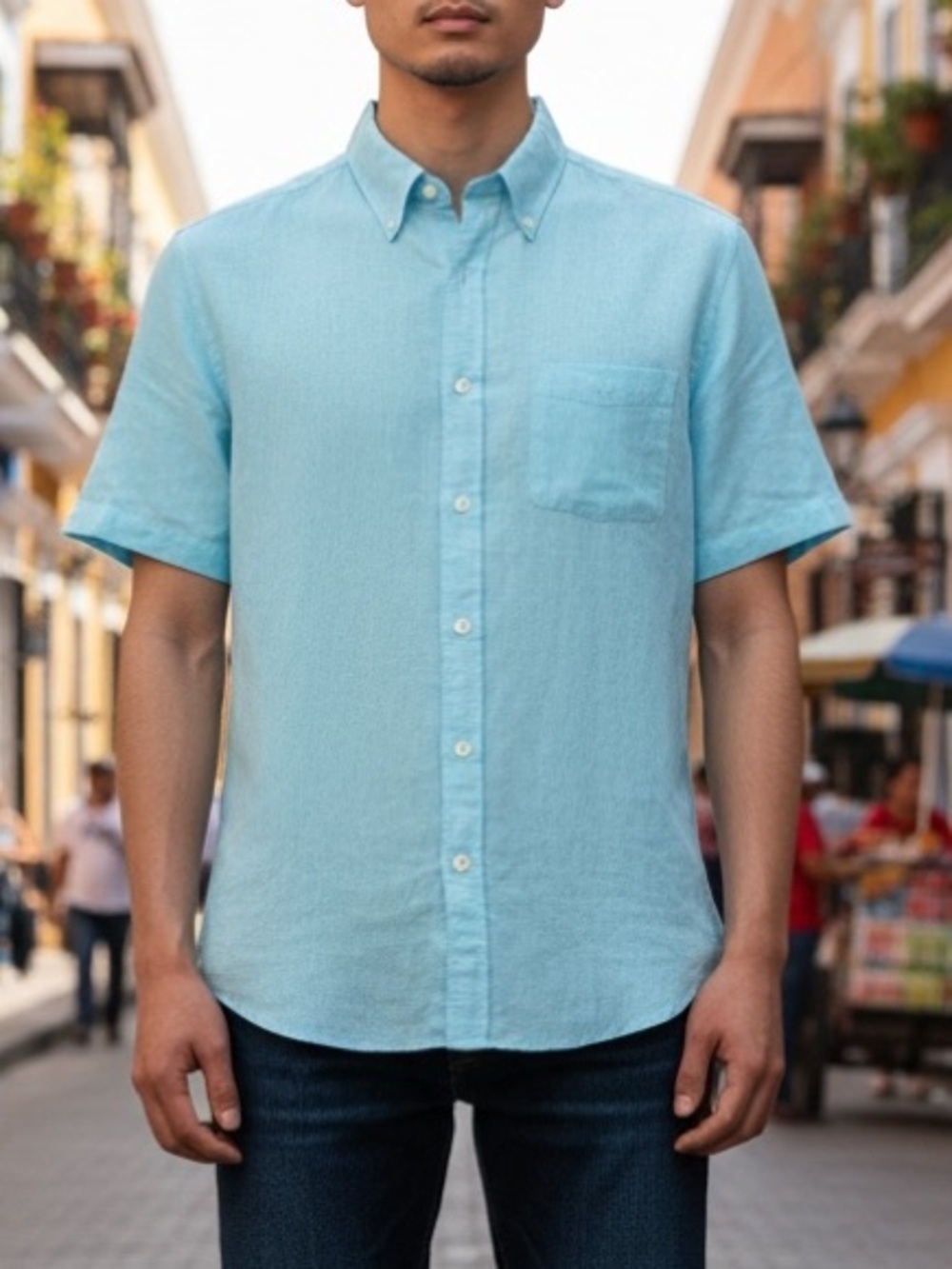 Brooks Brothers Blue Irish Linen Slim Fit Original Polo Button Down Shirt Sz M